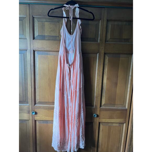 Soiéblu Women's Boho Halter Maxi Dress Peach Pink Open Back Ruffle Lace Hem SZ S - Picture 7 of 10